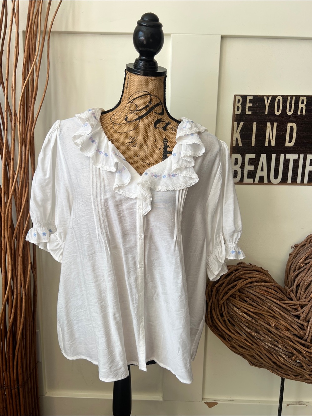 Women's White Ruffled V-Neck Blouse with Subtle Blue Embroidery